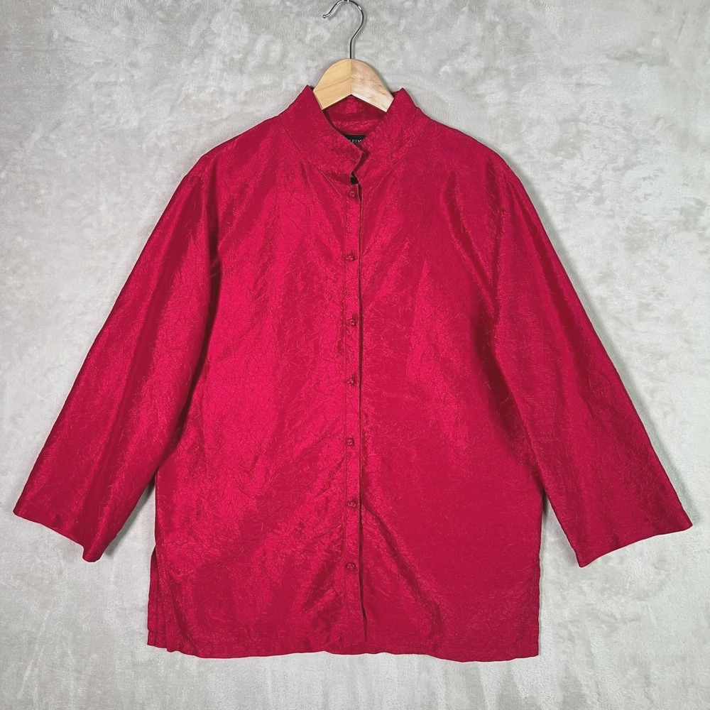 Eileen Fisher Pinkish Red Silk Crinkle Mandarin Collar Blouse Large 3/4 Sleeve‎